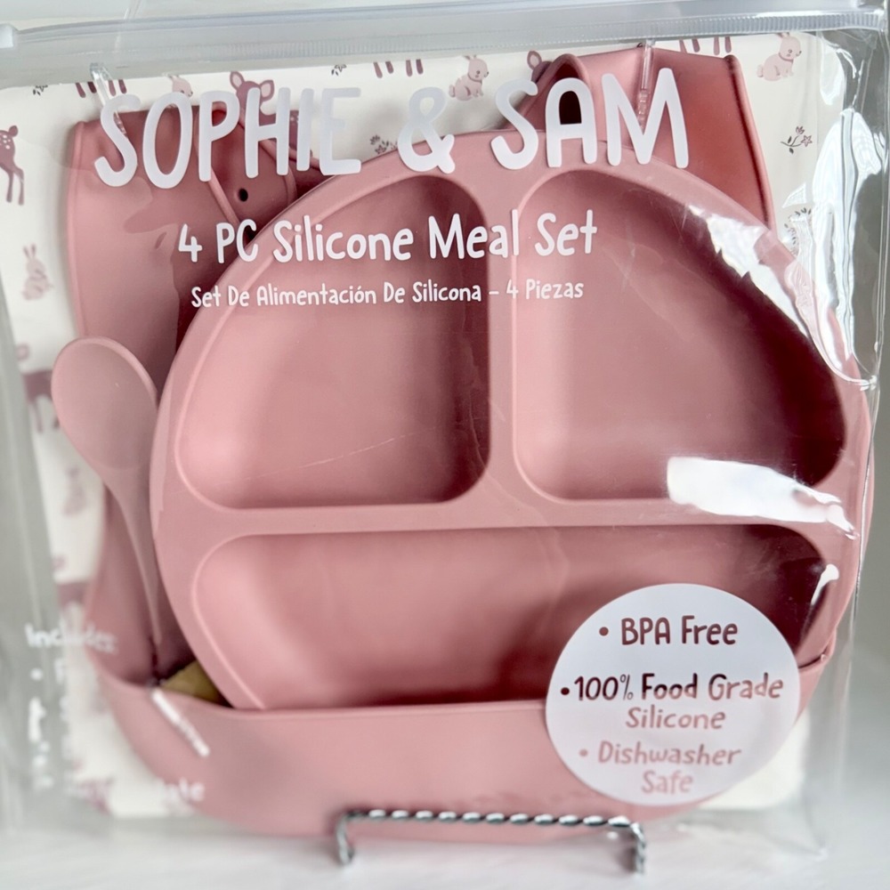 BPA Free Sustainable,Silicone Dishware 4PC BabyToddler W/SuctionPlate,Pink,6M+‎